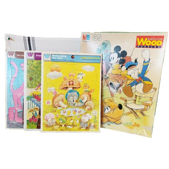 Vintage Tray Puzzle Lot of 5 Disney Whitman Pink Panther Donald Mushroom Wooden - Picture 1 of 15